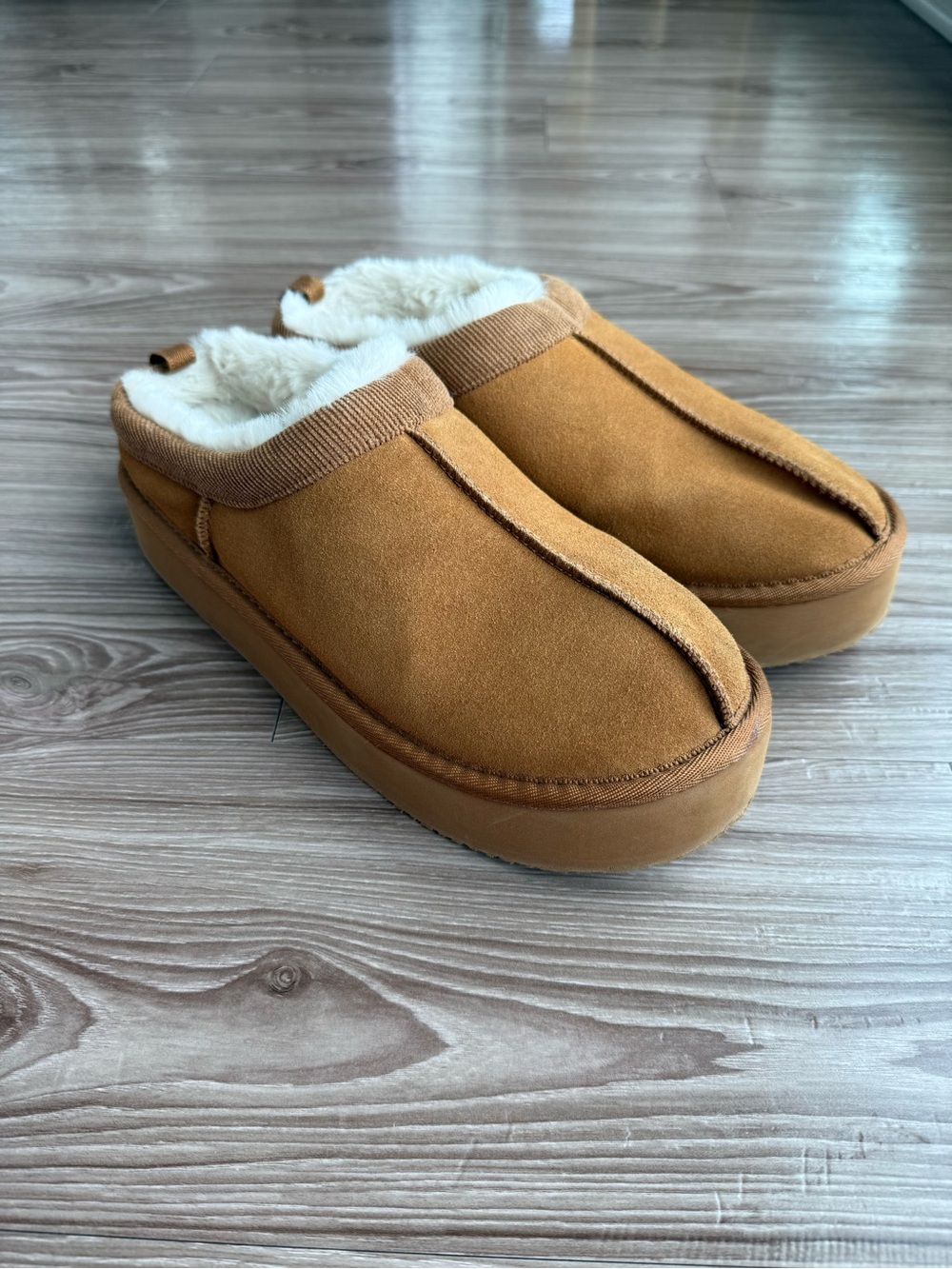 Cozy Faux Shearling Lined Slip-On Slippers — Camel